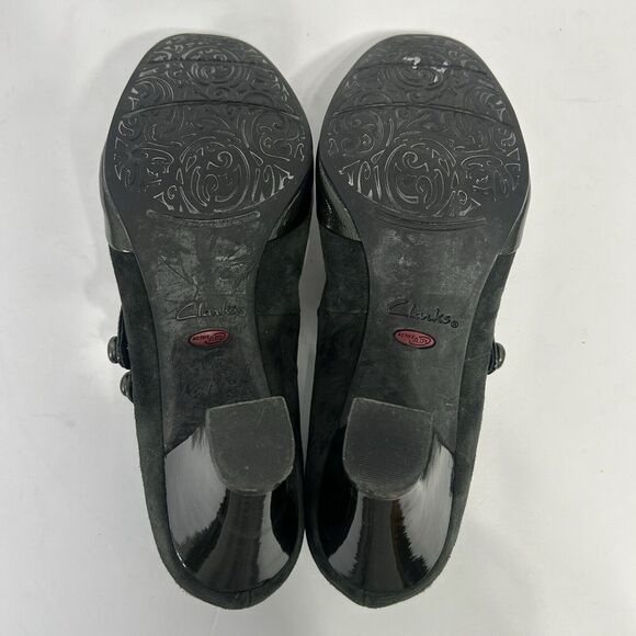 Clarks Diamond Suede Patent Leather Black Double Strap Mary Jane Heels Size 10M - Picture 7 of 7